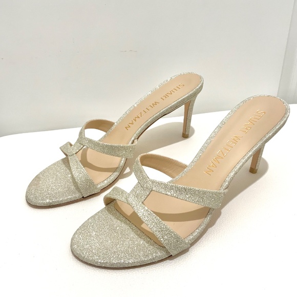 Stuart Weitzman Soiree Sleek 75 Slide Sandals Stiletto Heel Silver Leather Pumps - Picture 7 of 11